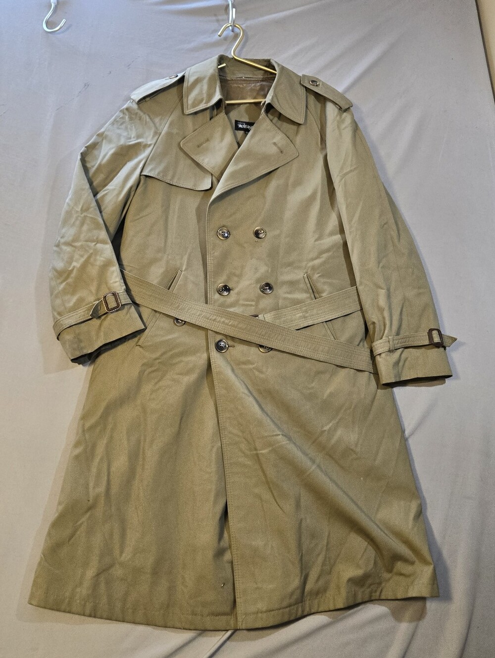 Mens 42R Double Breasted Trench Coat Tan Belted Removable Plaid Liner Wool Blend